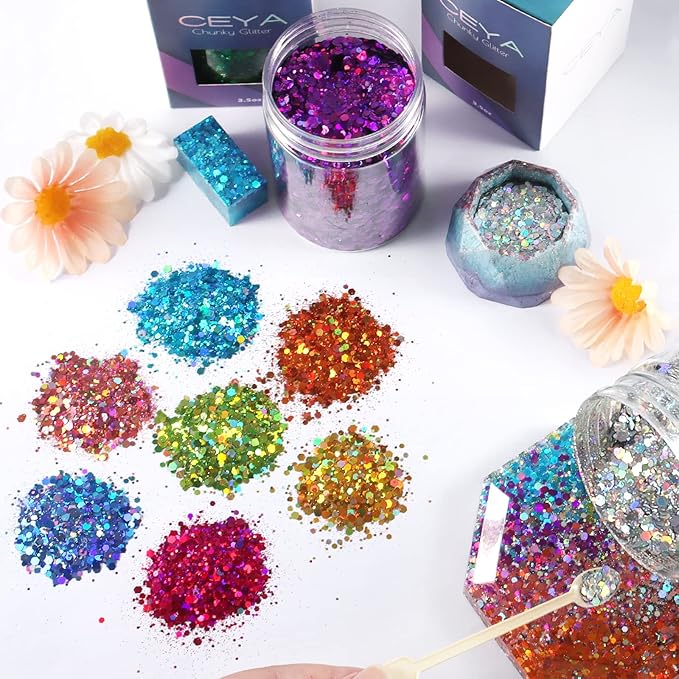 Ceya Holographic Chunky Glitter 4.9oz/ 140g Rose Pink Craft Glitter Powder Mixed Chunky Fine Flakes Iridescent Nail Sequins Fe for Nail Art, Hair, Epoxy Resin, Tumblers, Slime, Painting,Festival Decor