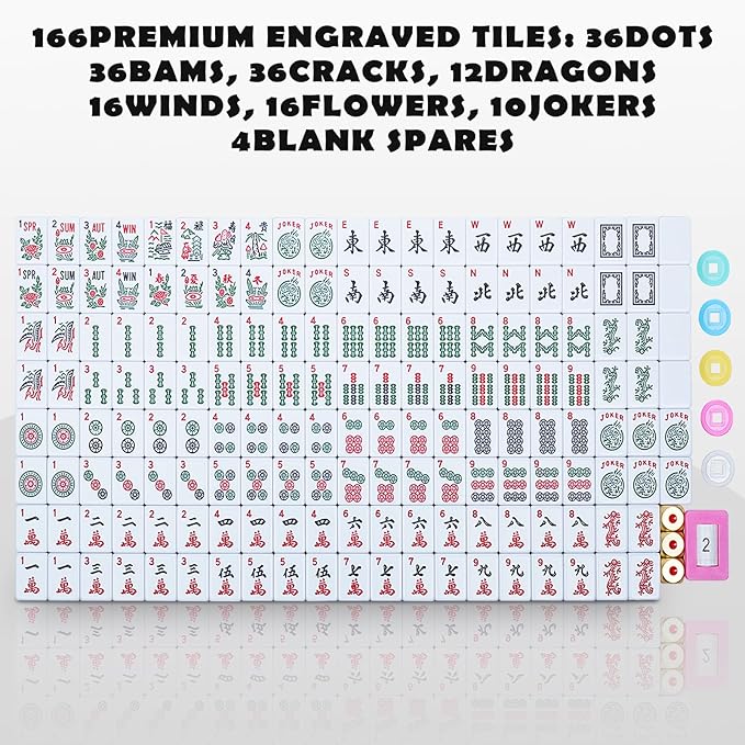 New American Mahjong Game Set, 166 Premium White Tiles with Portable Metal Dices, 4 All-in-One Racks with Pushers, Mah-Jong Games Sets, Ma Jong Tile Game (Blue)