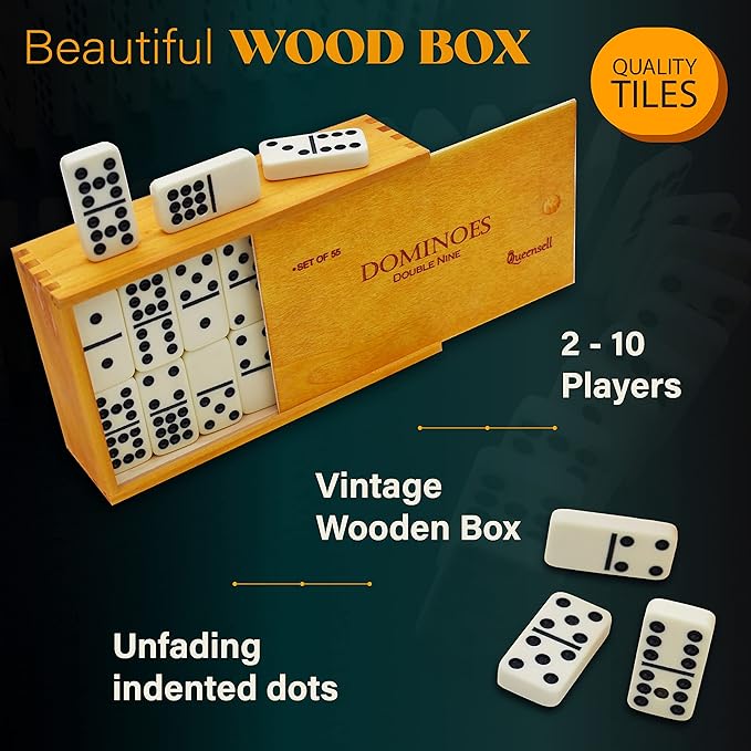 Dominos Game Double 9 - Dominos Set for Adults and Kids Ages 8 and up - Double Nine Dominoes Set, Classic Board Games - Domino Set for Family Game Nights - Double Nine Dominos Set 55 Tiles with Case