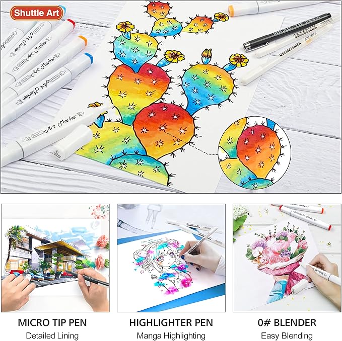 Shuttle Art 280 Colors Dual Tip Alcohol Based Art Markers, 279 Colors Permanent Marker Plus Colorless Blender, Micro-tip Pens, White Highlighter Pens, Marker Bag with Holders for Kids Adult Coloring