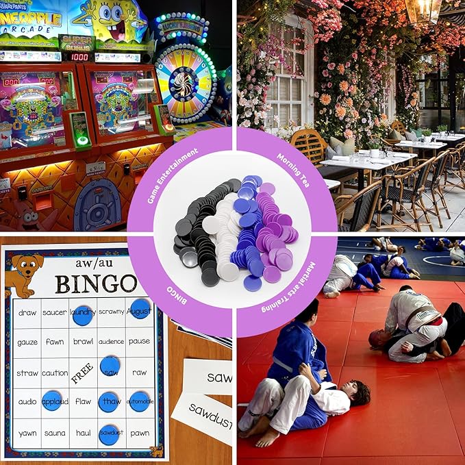 Set of 100 Opaque Plastic Learning Counters Mini Poker Chips Game Tokens with Storage Box (Black+White+Blue+Purple, 1.58 Inch)