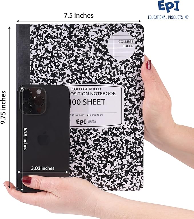 EPI Marble Hardcover College Ruled Composition Notebook | 200 Pages (100 Sheets), 9.75 x 7.5 in, Sturdy Sewn Binding | School, Office, Journaling, Notes - 24 Pack