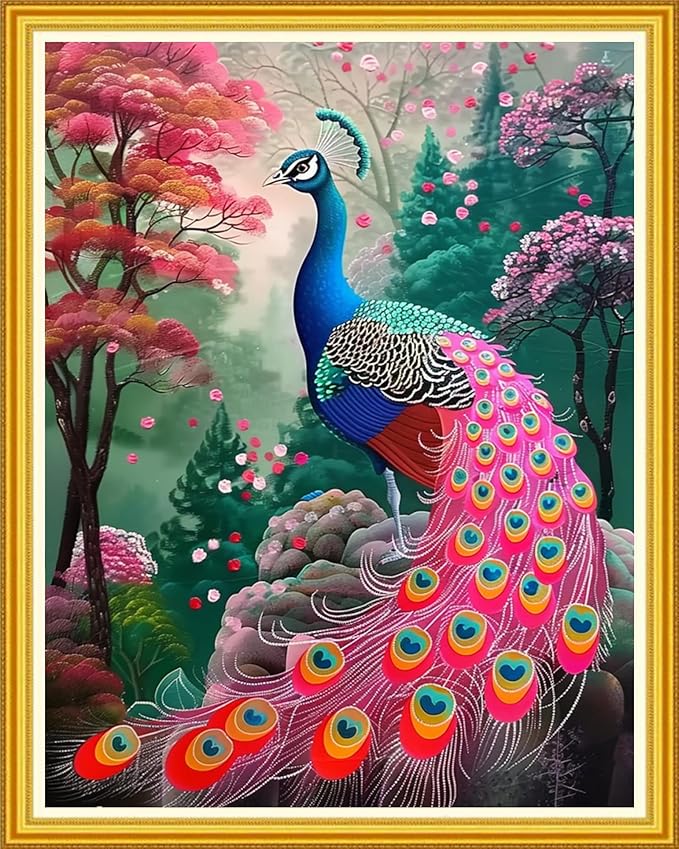 Magxvouy Cross Stitch Kits Stamped Full Range of Embroidery Kits,Cross Stitch Patterns Needlework Kits for Beginners 11CT Printed Kits&Colorful Peacock 16x20 inch