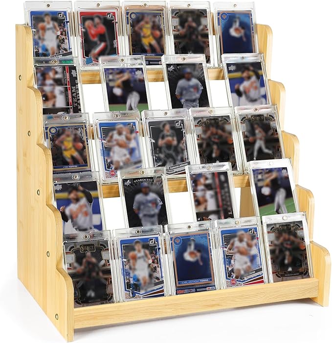 5-Tier Bamboo Trading Card Display Case,35 pt Baseball Card Collection Stand, Sports Card Storage Holder,Card Game Collection (Burlywood)