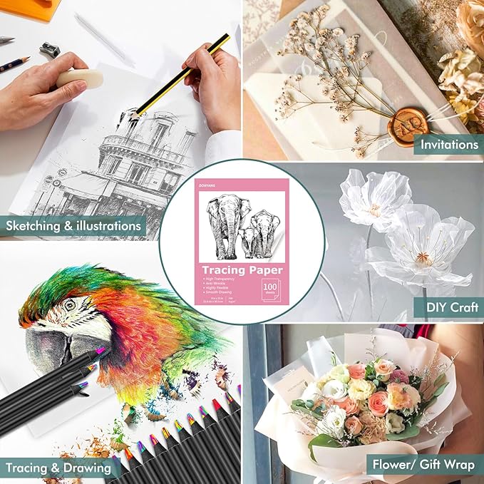 Tracing Paper 9x12 inch, 100 Sheets Transparent Vellum Paper for Tracing Pads, Translucent Tracing Paper for Pencil, Marker and Ink - Trace Images, Sketch, Preliminary Drawing, Overlays, Pink