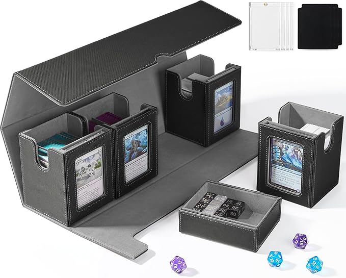 Card Deck Box for MTG with Commander Display, 5 in 1 Card Deck Case Holds 800+ Unsleeved Cards, Strong Magnet Organizer Compatible with Yugioh TCG Sports Cards (Black&Grey)