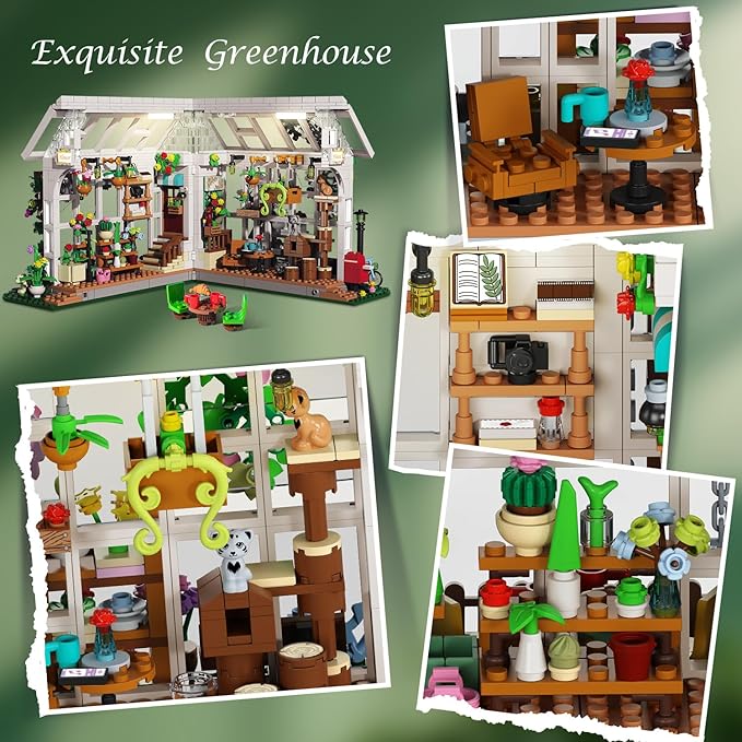HOGOKIDS Flower House Building Set with LED Light - 1332 PCS Garden House Buiding Toy with Flowers Potted Plants Parrot Cat Animals Playset Greenhouse Model Xmas Gift for Adults Teens Girls Ages 8+