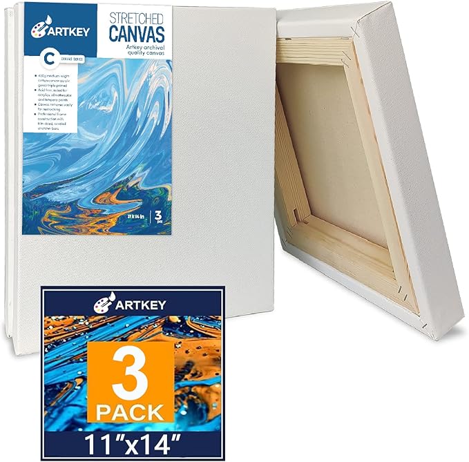 Gallery Wrapped Stretched Canvases for Painting 11x14 Inch 3-Pack, 16 oz Triple Primed Acid-Free 100% Cotton Blank Canvas, Rectangular Spline Canvas for Oil Paint Acrylics Pouring & Wet Art Media