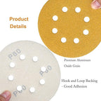 5-Inch 8-Hole Hook and Loop Sanding Discs 80-Grit Random Orbit Sandpaper, 50-Pack