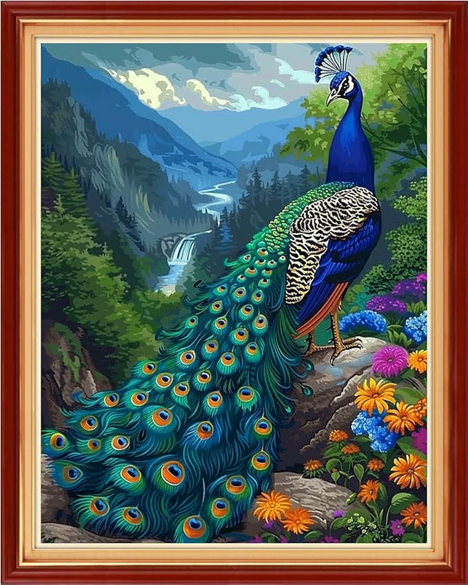 Foxdiviy Stamped Cross Stitch Kits for Beginners Full Range of Cross Stitching 11 CT Printed Cross Stitch Kits for Kids Adults Cross Stitch Patterns Needlepoint Kits-Blue Peacock Landscape 16x20 inch