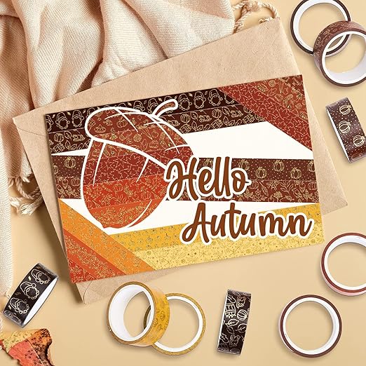 Whaline 12 Rolls Fall Washi Tapes Foil Gold Decorative Tape Autumn Gnome Pumpkin Fall Leaves Turkey Patterned Masking Tape for Fall Thanksgiving Scrapbook Journal DIY Craft Gift Wrapping, 0.6Inch