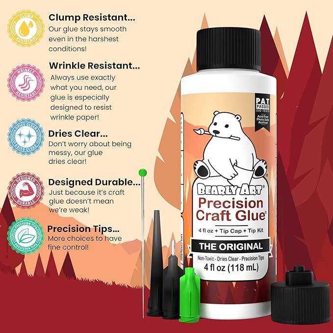 Bearly Art Precision Craft Glue - The Original - 4fl oz - Tip Kit Included - Dries Clear - Metal Tip - Wrinkle Resistant - Flexible and Crack Resistant - Strong Hold Adhesive - Made in USA