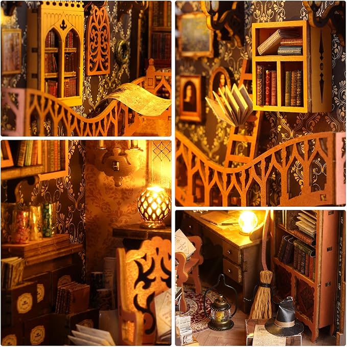 DIY Book Nook Kit, Miniature Dollhouse Bookshelf Insert with LED Light, 3D Wooden Puzzle Bookend Insert, Perfect for Teens and Adults, Magic Book