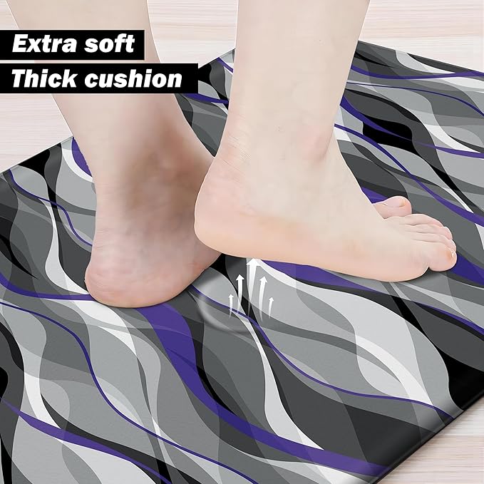 Kitchen Mats for Floor Modern Abstract kitchen rugs Grey and Purple Stripe Anti Fatigue Kitchen Mats Waterproof Floor Mats Cushioned Non-Skid Standing Mats for Kitchen, Set of 2,17.3 x 28+17.3 x 47