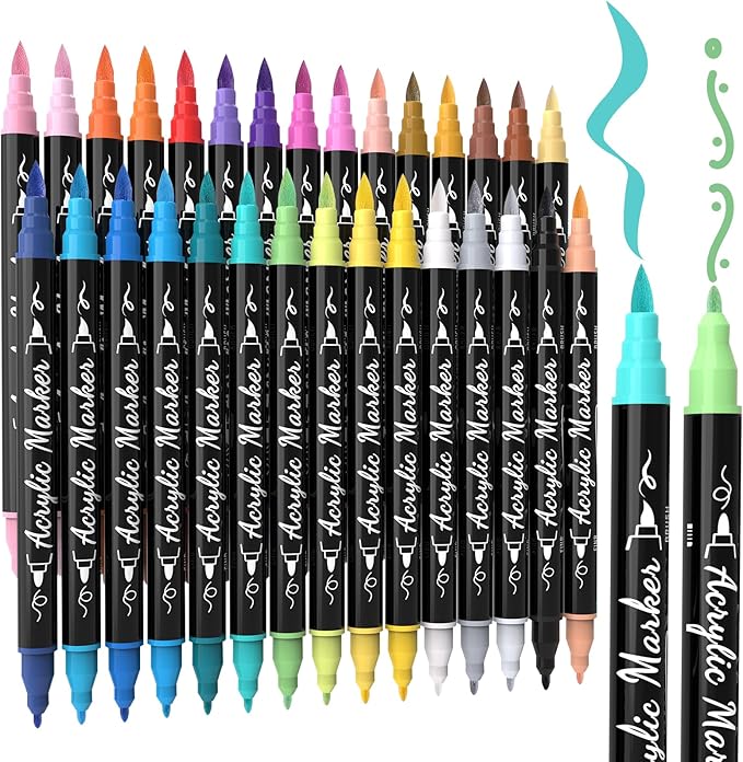 30 Colors Acrylic Paint Pens Markers Waterproof Dual Tip Acrylic Marker Set with Brush & Fine Tip Kid Markers for Rock Painting Wood Scrapbook Fabric Glass Ceramic DIY Craft Art Supplies