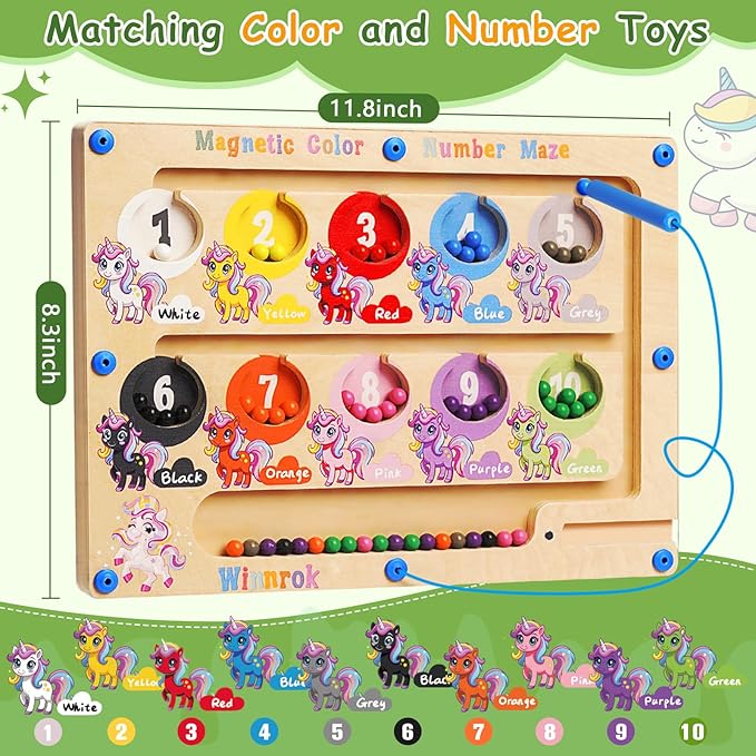 Magnetic Color and Number Maze, Montessori Wooden Magnet Puzzles Learning Counting Matching Board Unicorn Toys for Toddlers Kids 3-5, Educational Fine Motor Skills Toys for Girls Boys 3 4 5 Years Old