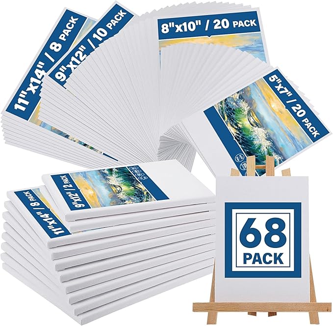 Canvas Boards for Painting, Canvases for Painting with 9 x 12, 11x14, Canvas Panels Set Boards with 5x7, 8x10, 9x12, 11x14, 68 Value Pack for Acrylic, Oil, Tempera & Watercolor Paint