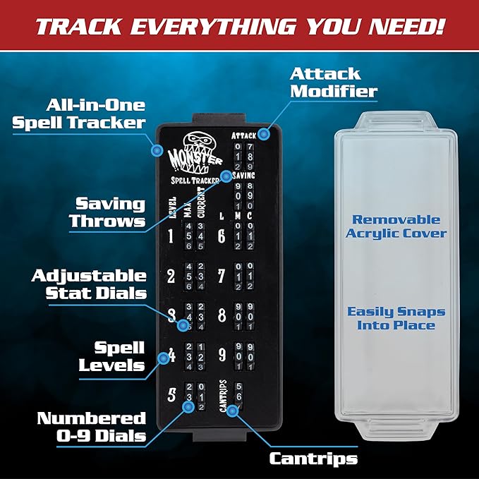 Ultimate RPG Spell Tracker for DND (4 pk)- Keep Track of All Magic Stats, Levels, Modifiers Easily w Adjustable Place-Locking Dials & Protective Cover- Compatible w Dungeons Dragons 5e Tabletop Games