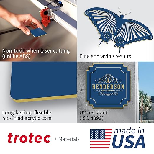 Trotec TroLase | 12"x20"x1/16", 4 Pcs | Navy Blue/Gold | 2 Ply | Modified Acrylic | Laser Engraving Double Color Plastic Sheet | Engraving Blanks for Laser, Saw, Guillotine | Made in USA