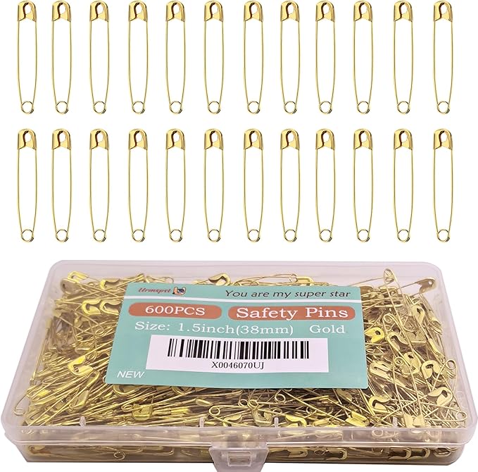 Safety Pins, 600PCS-1.5Inch Small Safety Pins, Rust-Resistant Nickel Plated Steel, Sharp Edge Safety Pin for Clothes, Sewing, Arts & Craft, 38mm Decorative Safety Pins (Gold), UR-28