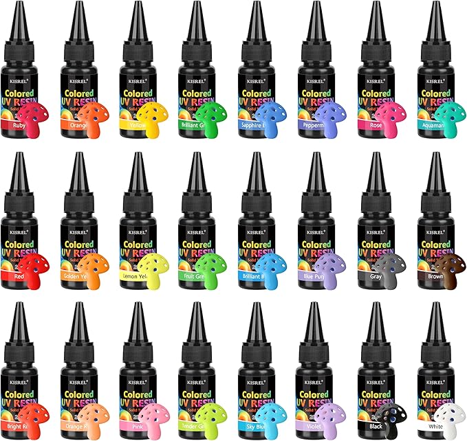 KISREL UV Resin, 24 Opaque Colored UV Resin Kit, Solid Colored UV Resins, Rigid Ultraviolet Clear Resin for Crafts, Jewelry Making and Decoration(20 g/Bottle)