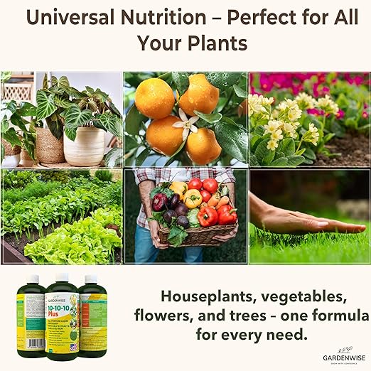 10-10-10 All Purpose Plant Food - Liquid Fertilizer with Seaweed Kelp & Iron - Indoor & Outdoor Plant Food, Vegetables, Flowers, Lawn & Garden 1x32oz