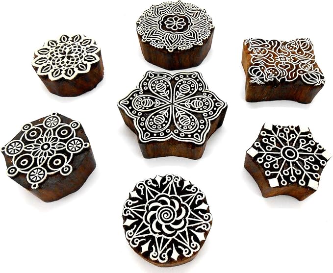 Crafts of India Rangoli Design Wooden Blocks for Stamping, Block Printing on Textiles, Pottery Crafts,Henna, Scrapbooking, Wall Painting: Set of 7pcs