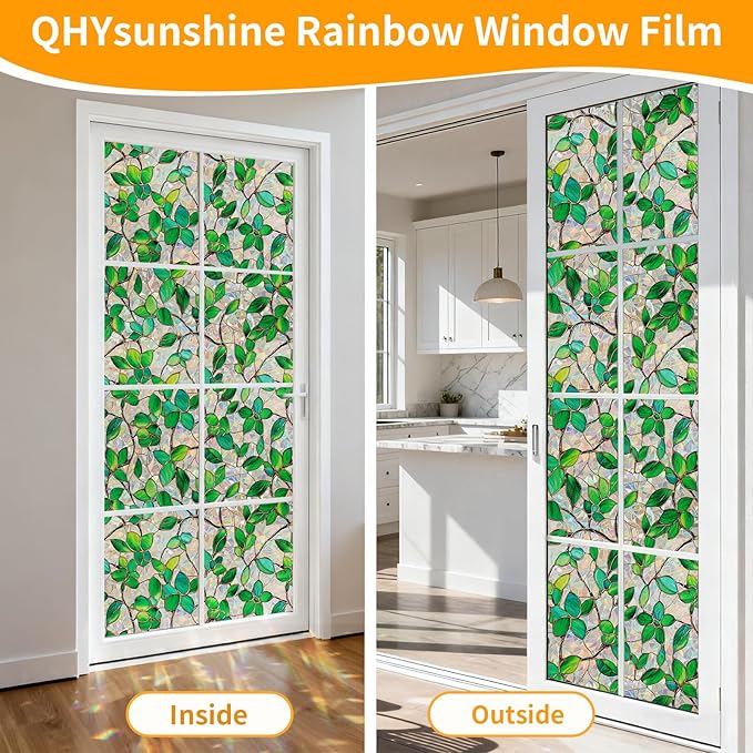Window Privacy Film Stain Glass Window Film Rainbow Window Film Window clings Non-Adhesive Reusable Decorative for Room (Green Rainbow, 45.2 X 78.7 in)