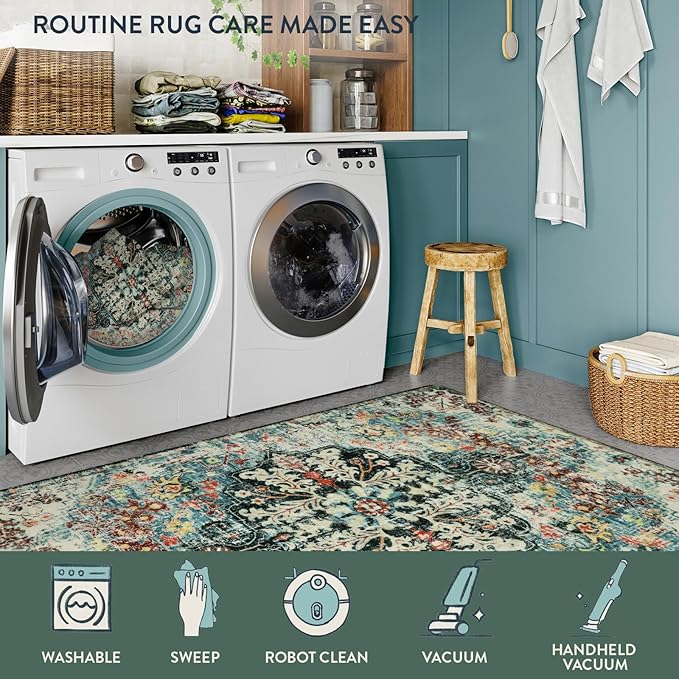 Lahome Bohemian Floral Medallion Round Rug - 4Ft Entryway Round Area Rug Soft Bathroom Circle Mat, Teal Turkish Non Slip Machine Washable Indoor Accent Carpet for Bedroom Kitchen Coffee Table