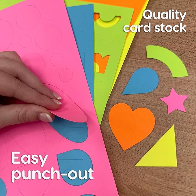 ARTshapes 840 pc Creative Paper Shapes Pack with 70+ Idea Guide - US Made Card Stock - Punch Out Funky DIY Craft Supplies for Whimsical Art Designs, Paper Crafts, and Pattern Play 5 Neon Colors