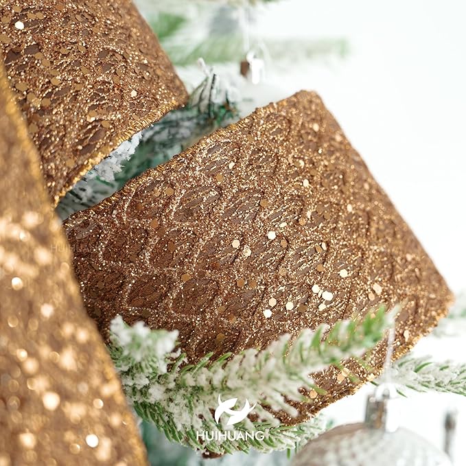 HUIHUANG Copper Wired Ribbon 4 inch Glitter Christmas Wired Ribbon Diamond Mesh Wire Ribbon for X-mas Tree Decorations, Wreaths, Garland, Large Bows Making, Thanksgiving Fall Decor -10 Yards
