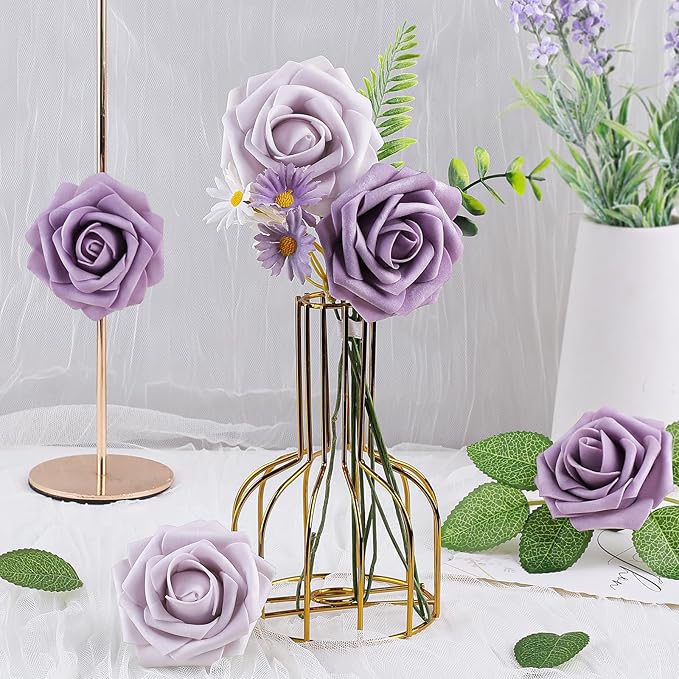 AmyHomie 25pcs Real Looking Artificial Pale Lavender Roses w/Stem for DIY Wedding Bouquets Centerpieces Arrangements Party Baby Shower Home Decorations