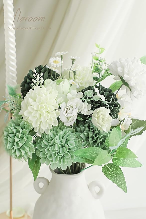 Floroom Artificial Dahlia Flowers 25pcs Real Looking Forest Green Shades Foam Fake Roses with Stems for DIY Wedding Bouquets Bridal Shower Centerpieces Sage Green Floral Arrangements Tables Decoration