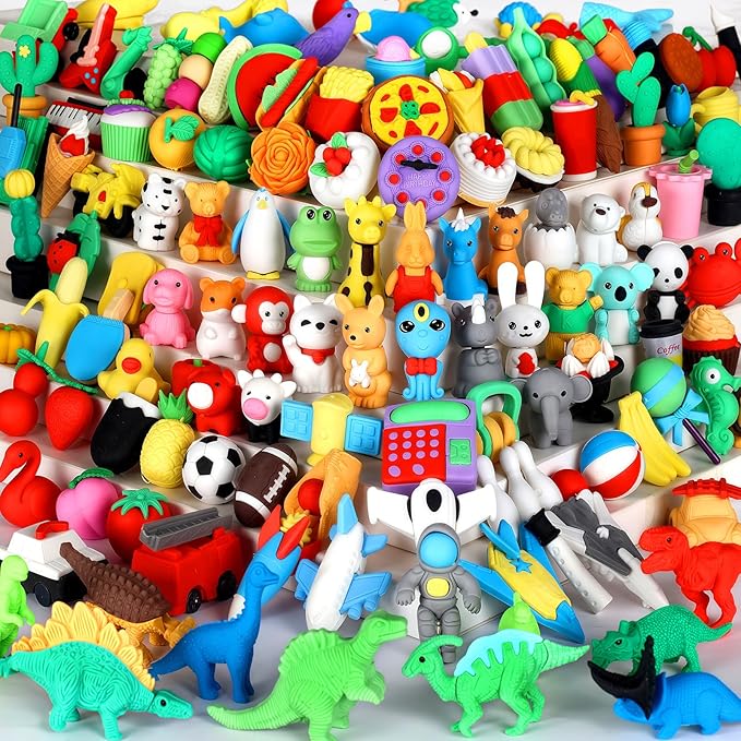 130Pcs Animal Erasers Kids Desk Pets Pencil Erasers 3D Puzzle Bulk Mini Animal Food Eraser Toys Fun Cute Eraser for Classroom Rewards, Game Prizes, Treasure Box, Easter Egg Fillers