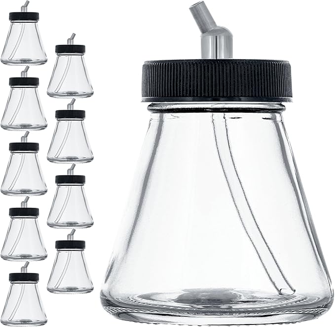 Master Airbrush (Pack of 10) TB-010 Empty 2.7-Ounce (80cc) Glass Jar Bottles with 30° Down Angle Adaptor Lid Assembly - Fits Dual-Action Siphon Feed Airbrushes, Use with Master, Badger, Paasche, Iwata