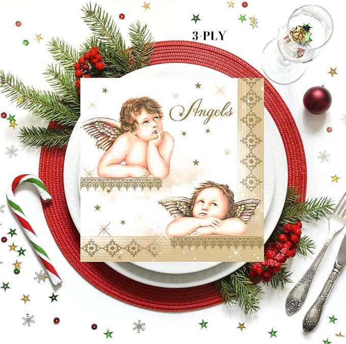 20-ct 13x13 Christmas Paper Decoupage Napkins, 3-Ply Servilletas Tissue Napkin for Dinner and Parties, Disposable Napkins (Famous Angel)