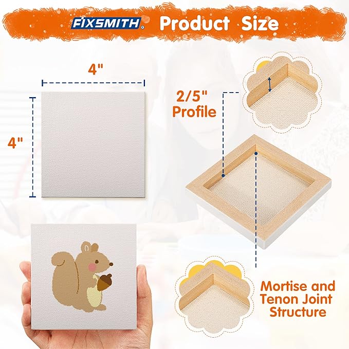 FIXSMITH Mini Stretched Canvas for Painting - 24 Pack 4 x 4 Inch, 2/5” Profile Small Square Canvases, 100% Cotton Blank Canvas, Home Decor Project, Art Supplies for Acrylic Oil Painting