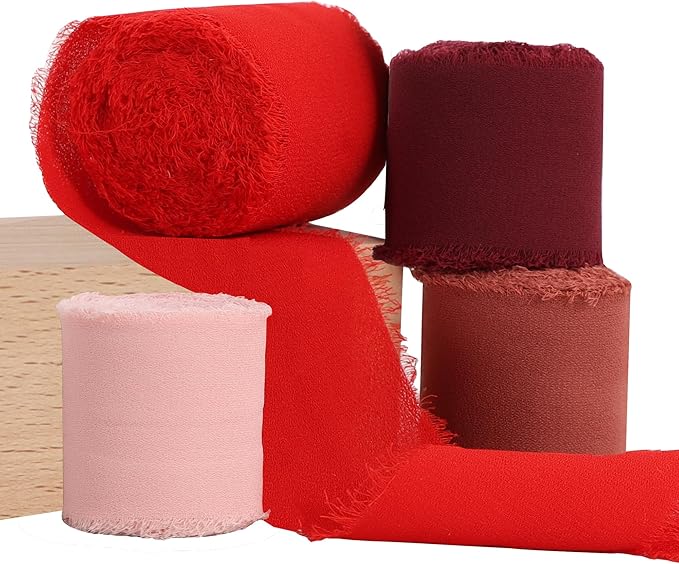 TONIFUL 4 Rolls Silk Chiffon Ribbon, 1-1/2 Inch x 22yds, Red Chiffon Ribbons Set, Handmade Fringe Silk Ribbon for Gift Wrapping Bridal Bouquets Wedding Invitations Decoration Crafts