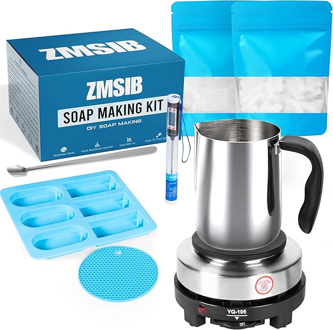 ZMSIB Soap Making Kit with 900ml Stainless Steel Melting Pot | All-in-One DIY Soap Making Kit with Silicone Mold | Digital Thermometer | Soap Base | Mixing Spoon | Heat Resistant Mat & Electric Stove