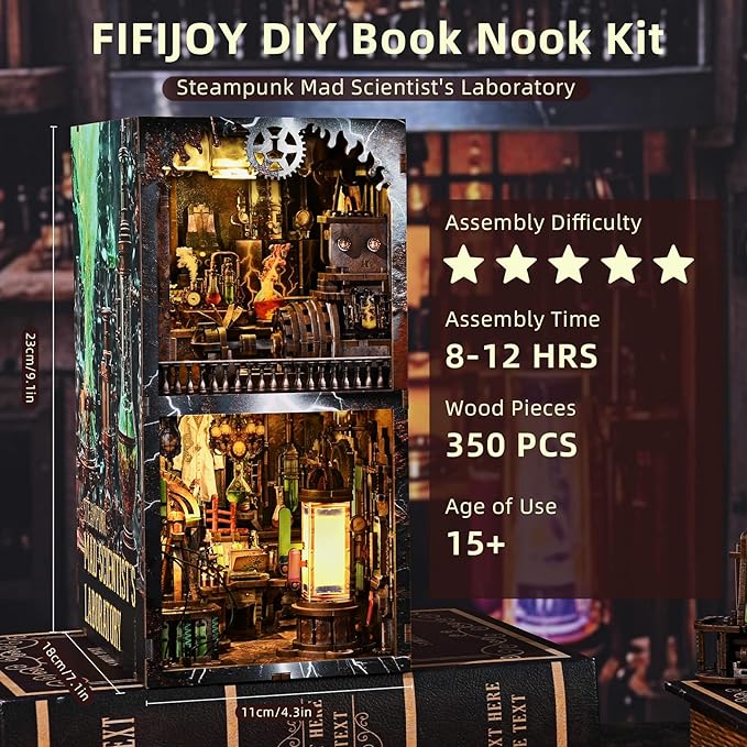 Book Nook Kit - DIY Miniature House Dollhouse Kit for Adults and Teens, Steampunk Booknook Tiny House Bookshelf Decor 3D Wooden Puzzle (Mad Scientist Lab)