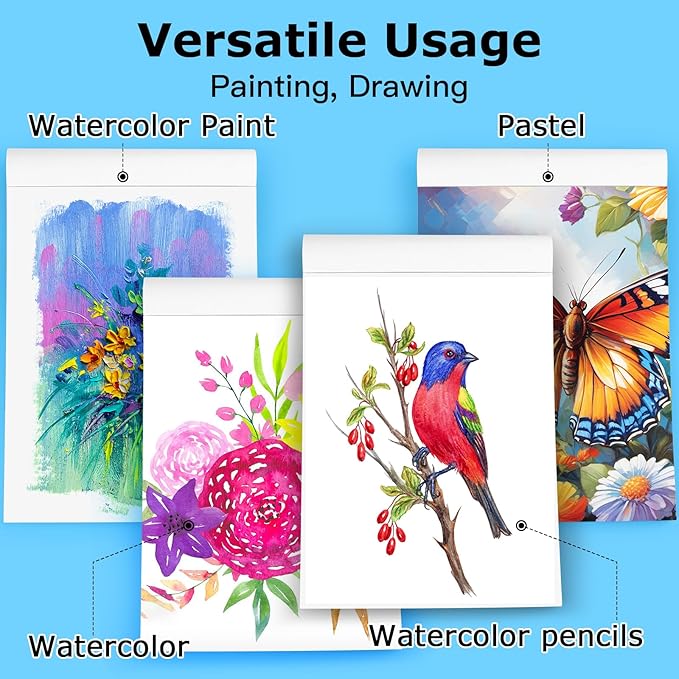 Hapikalor School Supplies for Teens, 3-Pack 9"x12" Watercolor Paper Pad, 140lb/300gsm, Premium Water Color Pad for Paint, Watercolor Pencils, Watercolor Pens, Charcoal, Oil Pastels and Acrylic, Blue