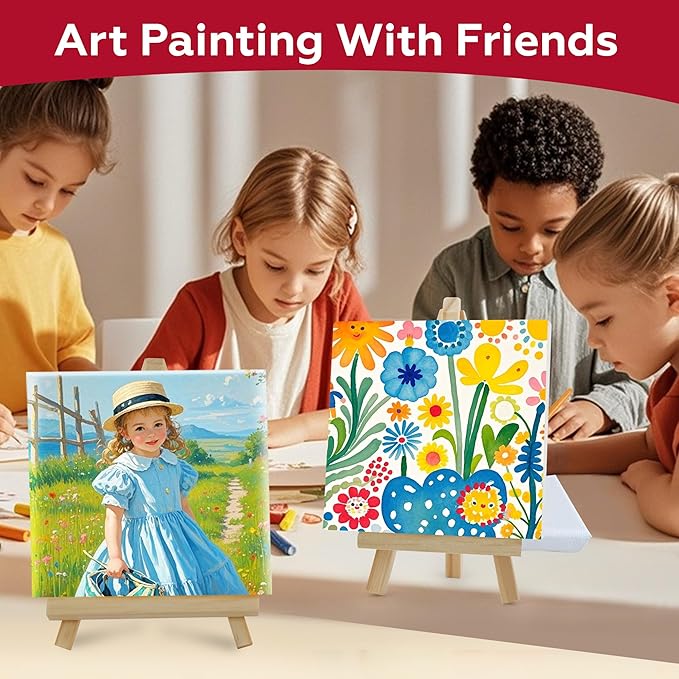 Stretched Canvas for Painting,24Pack 4X4 Inch Mini Stretched White Blank Canvas, 2/5In Profile Small Square Stretched Canvases,Canvas for Painting for Chilren,Birthday,Party,Teaching Class.