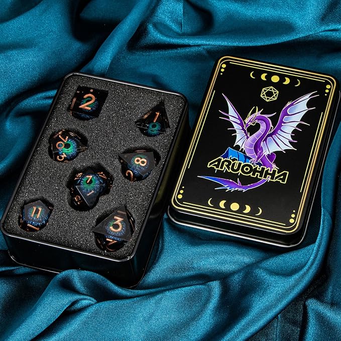 ARUOHHA DND Dragons Eye Dice Liquid Core Blue Green Resin Sharp Edged Dice Set with Gift Box, Compatible with D&D Role Playing Game, Dungeons Polyhedral D and D Dice D20 D12 D10 D8 D6 D4