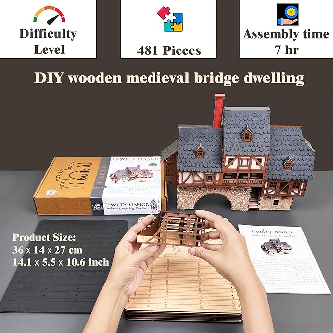 Fawlty Manor (Pro Texture) - Bridge Dwelling - Medieval Tavern - Medieval Europe Series - 3D Puzzle - Architectural Model Kit - DIY - 28mm Scale – 465 Pieces – Ages 15 Years and Above