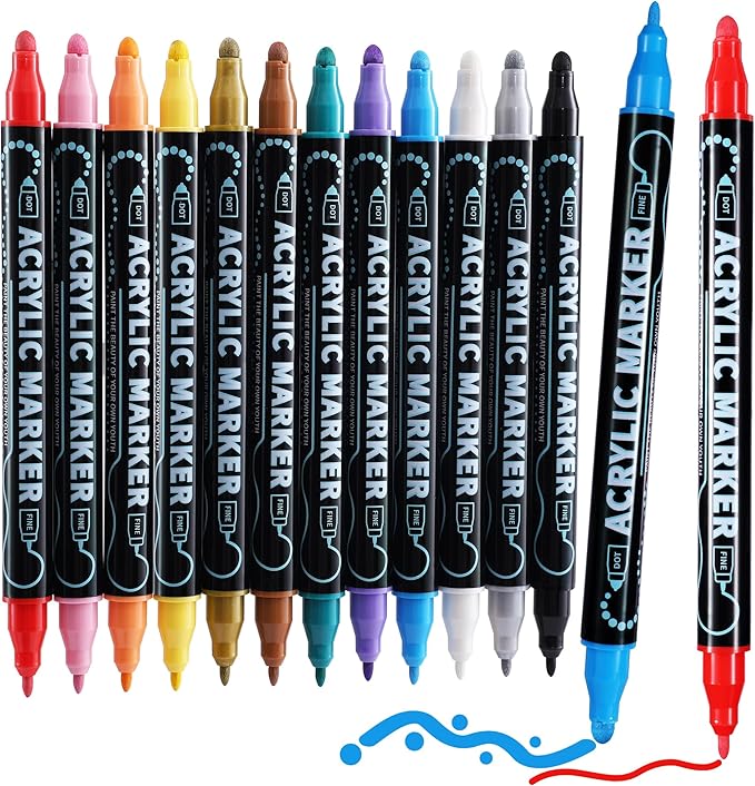 12 Colors Waterproof Dual Tip Acrylic Paint Pens, Dot & Fine Tip Premium Coloring Drawing Markers Set for Wood, Rock Painting, Canvas, Glass, Ceramic Surfaces and DIY Crafts Making Art Supplies