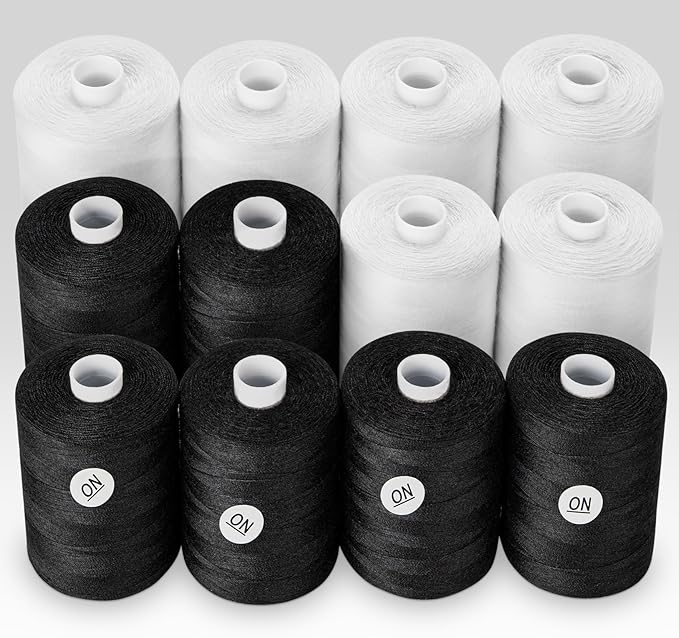 ilauke Sewing Thread, 12 Spool All Purpose Polyester Thread, Each 1000 Yards Sewing Thread for Hand Sewing,Quilting,Sewing Machine, 2 x White & 2 x Black