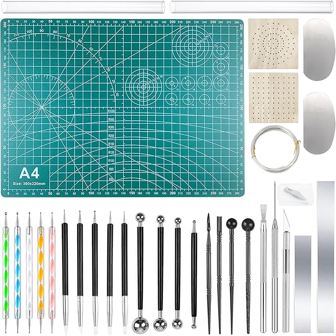 Yayatty Polymer Clay Tools, Acrylic Clay Roller, Acrylic Sheet, Rotary Cutting Mat, Round Polymer Clay Cutters with Clay Slicer Blade for Pottery and Sculpture, 42 PCS