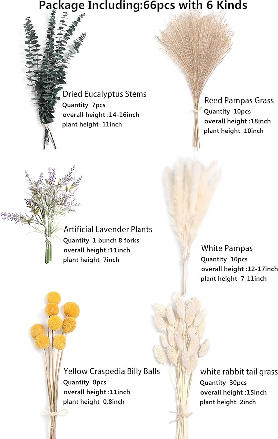 Serra Flora Natural Dried Pampas Eucalyptus Rabbit Tail Grass,(Pack of 66pcs) with 6 Kinds of DIY Bridal Artificial Bouquets Home Decor Wedding Floral Arrangement Table Centerpieces