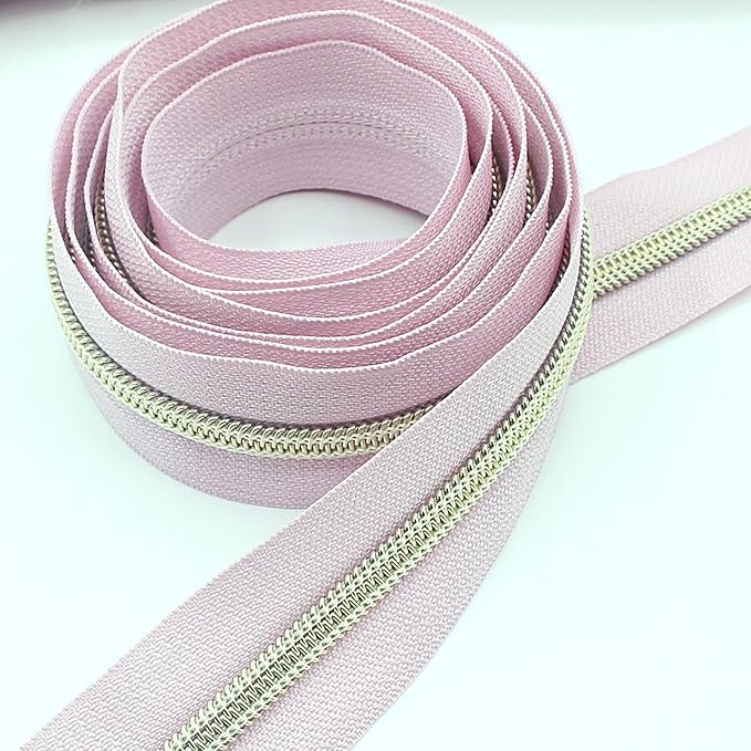 Leekayer #5 Metallic Nylon Coil Zippers by The Yard Bulk 10 Yards Light Gold Teeth Zipper Pink Tape with 25pcs Gold Sliders for DIY Sewing Tailor Craft Bag(Pink)