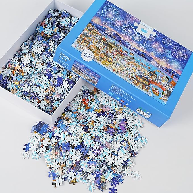 MOMIBOOK Puzzles for Adults 2000 Pieces Jigsaw Puzzles of Fireworks Night Tour, Colorful Powder Painting Image Chinese Twon Challenging Hard Impossible Puzzle Unique Party Christmas Birthday Gifts